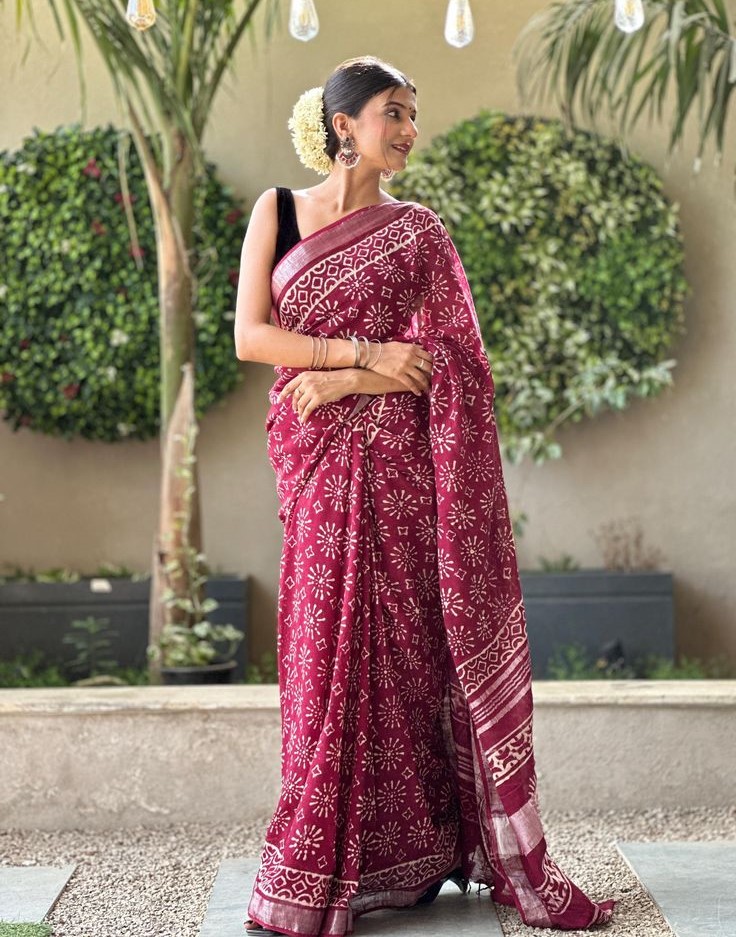 linen cotton saree hand block printed lightweight indian ethnic drape