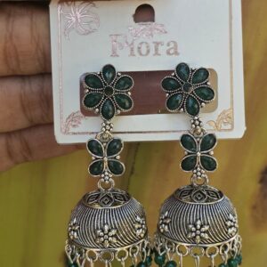 Green Stone Oxidised Jhumka Earrings