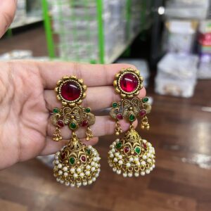 Antique Ruby Emerald Pearl Jhumka Earrings
