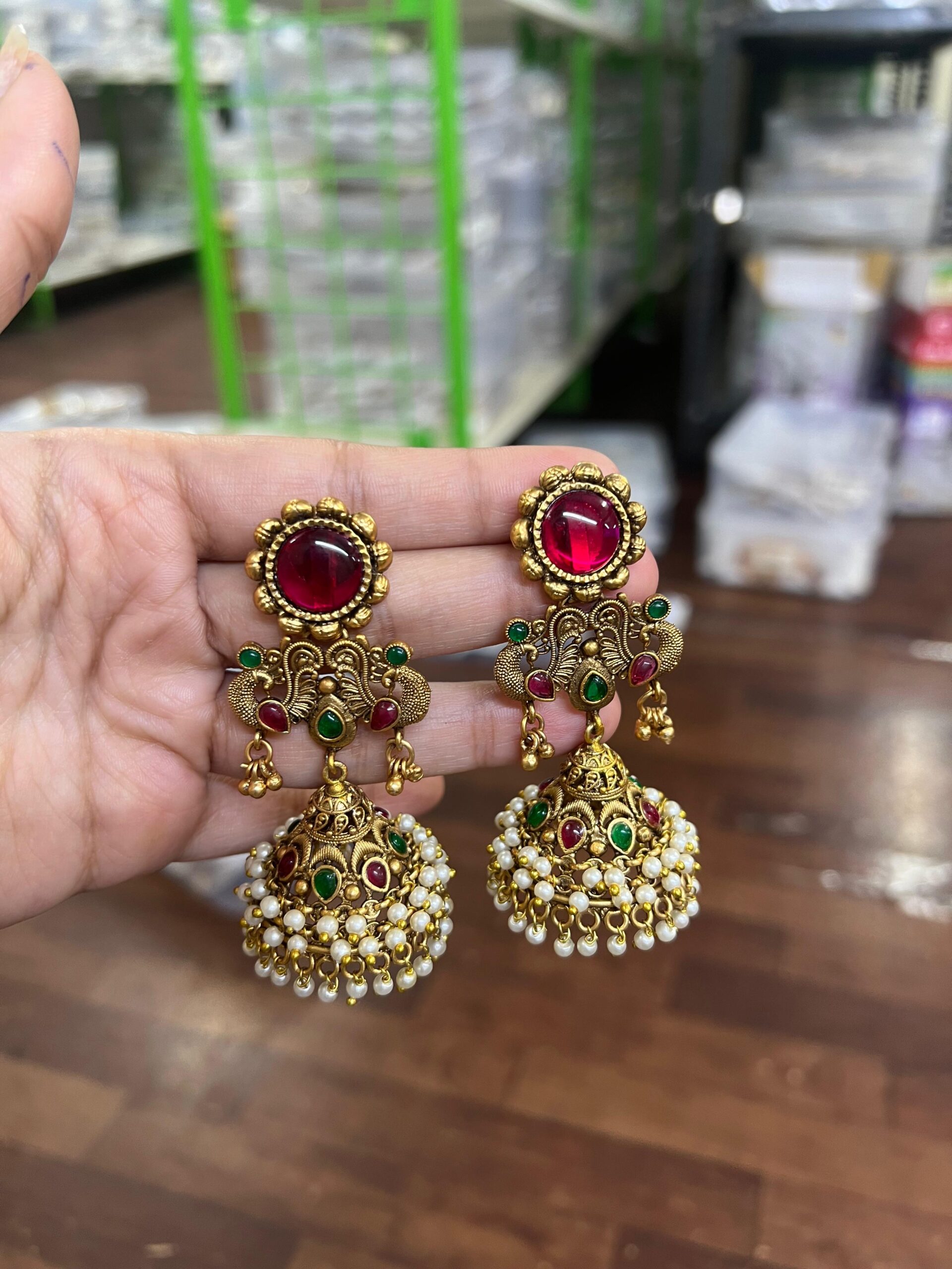 Antique Ruby Emerald Pearl Jhumka Earrings